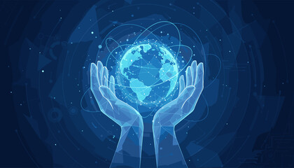 Digital Hands Gently Cupping a Glowing Globe Connected by a Web of Lines and Nodes, Symbolizing Global Network, Technology, and Connectivity in a Dark Blue Futuristic Background with Subtle Circuitry