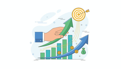 Conceptual illustration of business growth and strategy, featuring a hand holding a green arrow pointing upwards towards a target, symbolizing success and achievement, with financial elements like
