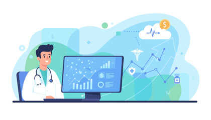 Modern flat illustration of a doctor analyzing healthcare business data and growth graphs on a computer screen, symbolizing medical technology, financial analysis, and digital health solutions with
