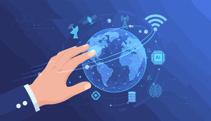 Close-up of a businessman's hand touching a glowing digital globe, symbolizing global connectivity, data networks, and artificial intelligence with icons of satellites, AI chip, brain, and Wi-Fi
