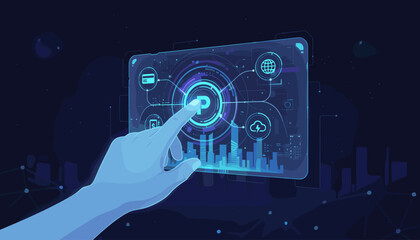 Futuristic digital payment network interface with a glowing blue hand interacting with icons for credit card, globe, cloud, and currency, set against a dark, starry background with abstract city