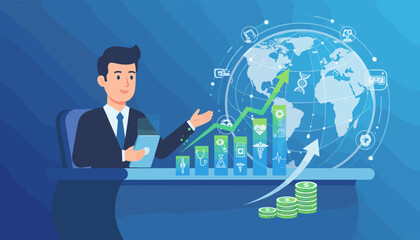 Businessman analyzing global healthcare business growth with digital tablet, showcasing rising financial charts, medical icons, DNA helix, and stacks of coins against a backdrop of the Earth