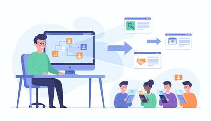 Modern flat illustration of an HR professional using a computer to manage organizational structure and employee relations, with team members collaborating digitally on tablets, symbolizing efficient