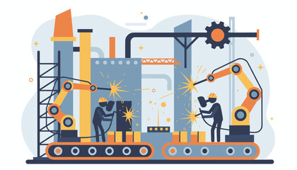 Modern industrial scene with robotic arms and human workers welding on a conveyor belt, set against a backdrop of abstract factory elements, gears, and pipes, symbolizing manufacturing and automation