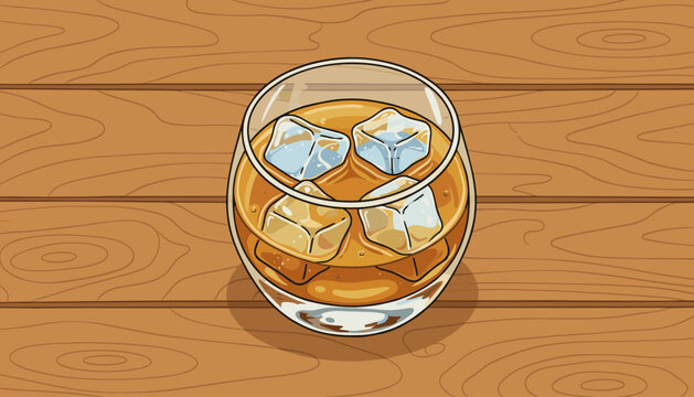 A top-down view of a clear glass tumbler filled with amber-colored whiskey and four ice cubes, resting on a warm, textured wooden surface with visible grain patterns, creating a classic and inviting