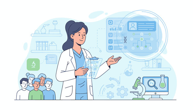 Vibrant illustration of a female doctor in a white lab coat presenting medical data on a futuristic holographic screen to a group of attentive people, surrounded by scientific equipment like