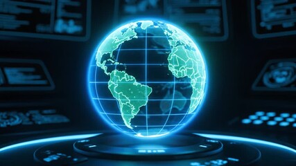 Glowing globe showcases continents and oceans within futuristic realm, enhanced by digital interfaces and data, highlighting global connectivity and advanced technology for exploration - Powered by Adobe