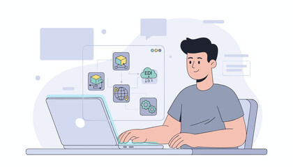 Flat illustration of a smiling man working on a laptop, with a virtual screen displaying Electronic Data Interchange (EDI) icons, cloud, globe, and gears, representing technology and business