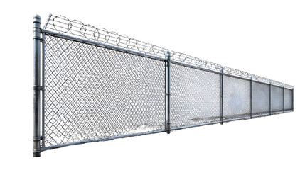 A chain link security fence topped with barbed wire extends into a clean white background with snow on the ground
