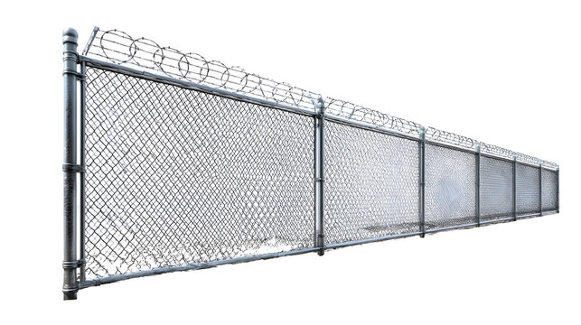A chain link security fence topped with barbed wire extends into a clean white background with snow on the ground