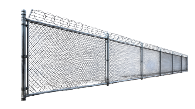 A chain link security fence topped with barbed wire extends into a clean white background with snow on the ground