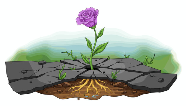 A vibrant purple rose with visible roots pushes through cracked asphalt, symbolizing resilience, hope, and nature's persistent power to overcome adversity and urban environments, with small green - Powered by Adobe