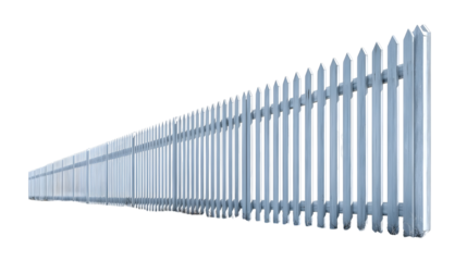 A long white picket fence stretches into the distance presenting a clear line of division against a stark white background with subtle shadows