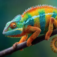 Obraz premium Vibrant panther chameleon with striking colors perched on a branch, showcasing its unique texture and detailed scales in a macro shot