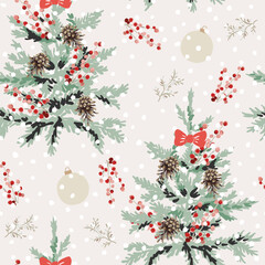 Christmas seamless pattern, fir trees, bow, balls, red berries, pine cones, snow, beige background. Vector illustration. Nature design. Season greeting. Winter Xmas holidays © ojardin