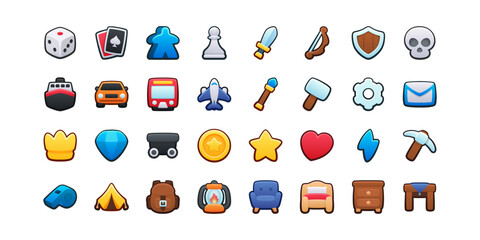 Ultimate icon set. Isolated vector illustration of mobile game sprites. Design for stickers, logo, mobile app. Arcade or match 3 2d graphics game asset. Flat 3d big item sprites sheet.  © Serhii