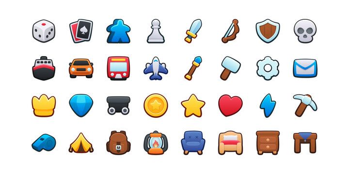 Ultimate icon set. Isolated vector illustration of mobile game sprites. Design for stickers, logo, mobile app. Arcade or match 3 2d graphics game asset. Flat 3d big item sprites sheet. 