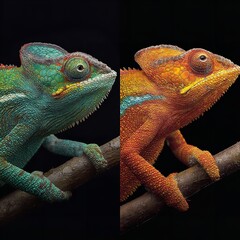 Obraz premium Split image showing two chameleons, one green and blue, the other orange and yellow, perched on a branch against a dark background, highlighting their distinct colors and textures