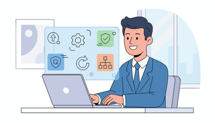 Smiling businessman in a blue suit working on a laptop, with a holographic interface displaying ISO 9001 quality management icons like gears, shield, and flowchart, representing business success and