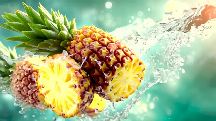 Fresh pineapple halves splashing into vibrant turquoise water with bright sunlit bokeh, 4k high quality - Powered by Adobe