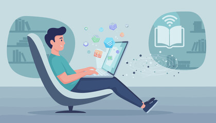 Modern E-library Concept: A young man comfortably reclines in a futuristic chair, engrossed in his laptop, surrounded by floating digital books and educational icons, symbolizing online learning and