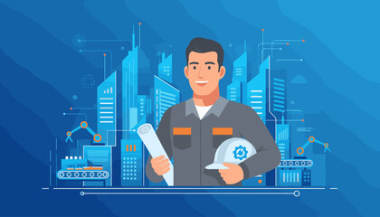 A smiling male engineer in a grey uniform holds blueprints and a white safety helmet with a gear symbol, standing in front of a futuristic cityscape with automated factory machinery and digital