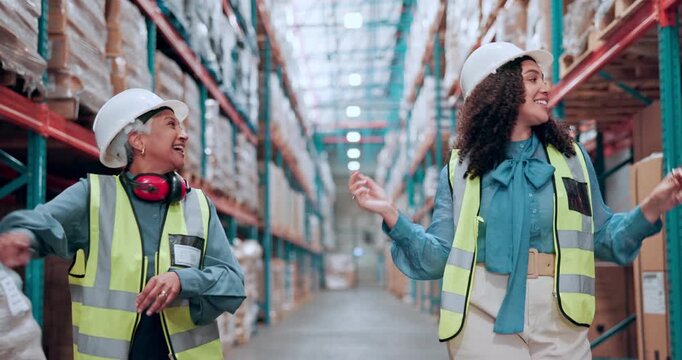 Logistics, women and happy with dancing in warehouse for sales target, team building or celebration. Supply chain manager, people and walk with movement for distribution success, laughing and energy