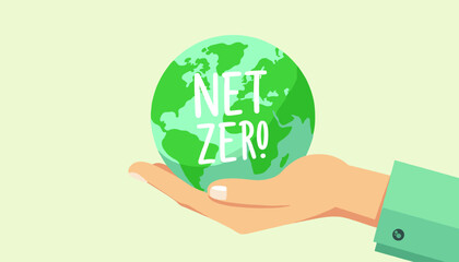 A stylized hand gently cradles a vibrant green globe, symbolizing the Earth, emblazoned with the bold white text "NET ZERO," representing a commitment to environmental sustainability and climate