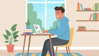 Smiling Hispanic man in a blue hoodie happily working on a laptop at his desk in a cozy home office, surrounded by plants and books, with a large window offering a view of green trees and blue sky