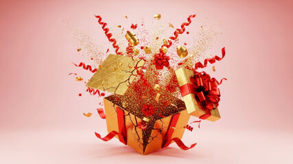 Exploding golden present box with red ribbons confetti and glitter for celebration. Festive gift revealing surprise for a holiday greeting card.