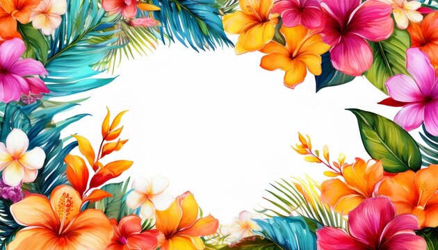 bright vivid tropical hawaiian summer flowers frame border with transparent white background