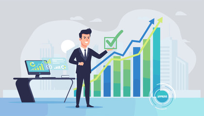 Project Approval Concept: A Businessman Analyzes Business Growth Charts and Graphs on a Computer Screen, Holding a Checkmark Symbol, Symbolizing Success and Positive Results in a Modern Cityscape