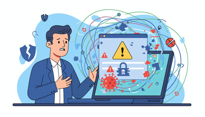 Worried businessman facing a ransomware malware attack and data breach on his laptop, with warning signs, a locked icon, and a virus illustration, symbolizing cybersecurity threats and digital danger.