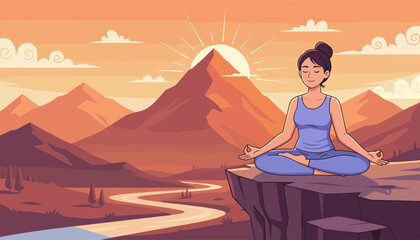 Serene woman practicing meditative yoga pose on a cliff edge overlooking a winding river and majestic mountains at sunrise, embodying peace, mindfulness, and a connection with nature in a vibrant