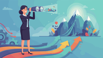 A determined businesswoman in a suit peers through binoculars, symbolizing vision and future growth, with colorful arrows pointing upwards towards majestic mountains and a cityscape, representing