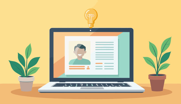 Modern flat vector illustration of a laptop displaying a profile page with a smiling man and text, symbolizing online reputation management and a bright idea represented by a glowing lightbulb above