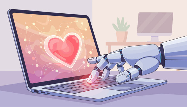 Close-up of a futuristic robotic hand interacting with a laptop keyboard, displaying a vibrant, glowing heart shape on the screen, symbolizing AI, technology, and digital romance or connection.
