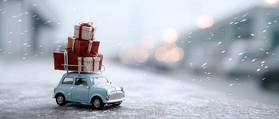 A small blue car carries decorated presents while snow falls gently all around, creating a joyful winter scene during holidays