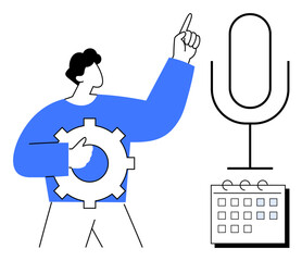 Person holding gear, raising hand near microphone and calendar, representing innovation, presentation, teamwork, planning, communication, creativity and leadership. Ideal for simple flat metaphor