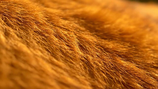 Close up of an animal's fluffy, rust colored coat. The ginger fur sways softly with each breath of the creature, evoking a cozy and soothing feeling