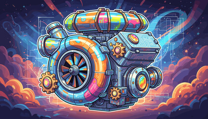 Vibrant and futuristic metallic car engine component, featuring a turbocharger and intricate circuitry, set against a cosmic background with swirling nebulae and glowing digital lines, symbolizing