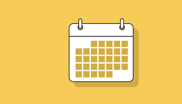 Clean and minimalist vector illustration of a white calendar with golden squares representing days, hanging on a solid, vibrant yellow background with a subtle shadow, evoking a sense of organization