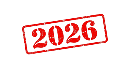 Red stamp with the year 2026 isolated on transparent background