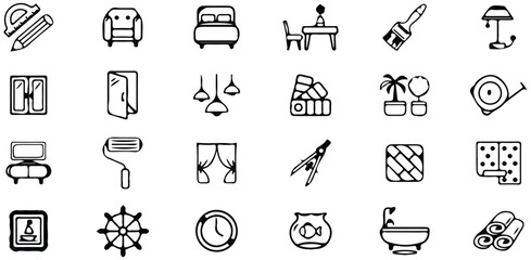 Home Design Icons, Set Of Furniture Bed And Lamp Symbols For Interior Design Project Management And Lifestyle Applications

