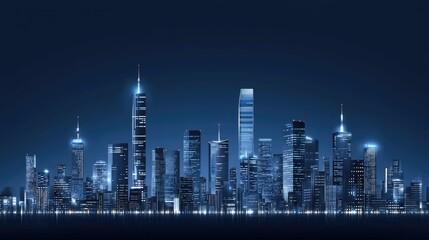 Obraz premium The skyline features tall buildings with bright lights and digital graphics, blending urban life and technology at night