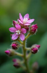 Fototapeta premium Pink flowers of hoary willowherb bloom in nature on green bokeh background. Macro of epilobium parviflorum herb. Medicinal plant with fresh blossoms, hairy buds. Wildflower used in homeopathy, folk