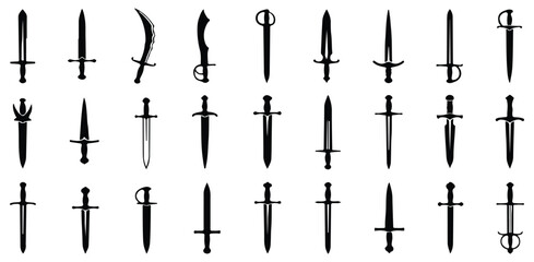 Sword Icons Set, Collection Of Blade Silhouettes And Weapon Symbols For Fantasy Design Project Management And Game Development Applications

