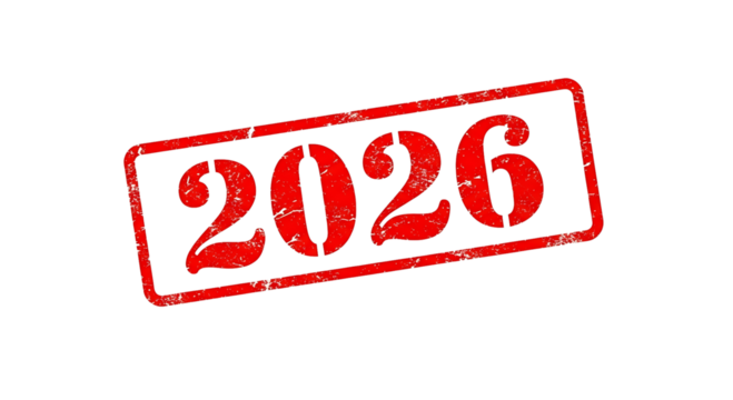 Red stamp with the year 2026 isolated on transparent background