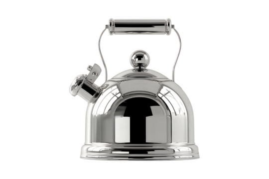 Shiny metallic stovetop kettle for boiling water in kitchen appliance elegant design modern home decor classic style transparent background