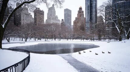 Winter arrives with a blanket of snow, covering a pond where ducks swim peacefully. Urban buildings create a stunning backdrop